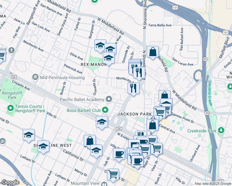map of restaurants, bars, coffee shops, grocery stores, and more near 444 Mountain Laurel Court in Mountain View