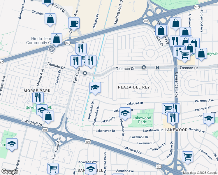 map of restaurants, bars, coffee shops, grocery stores, and more near 627 Calle Gloria in Sunnyvale