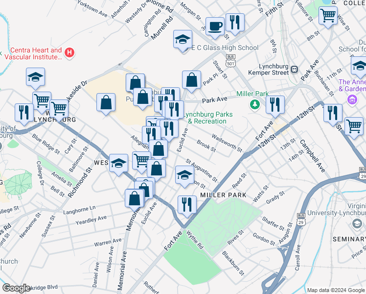 map of restaurants, bars, coffee shops, grocery stores, and more near 312 Euclid Avenue in Lynchburg
