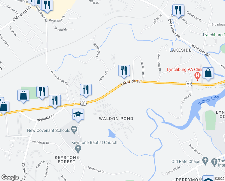 map of restaurants, bars, coffee shops, grocery stores, and more near 2051 Lakeside Drive in Lynchburg