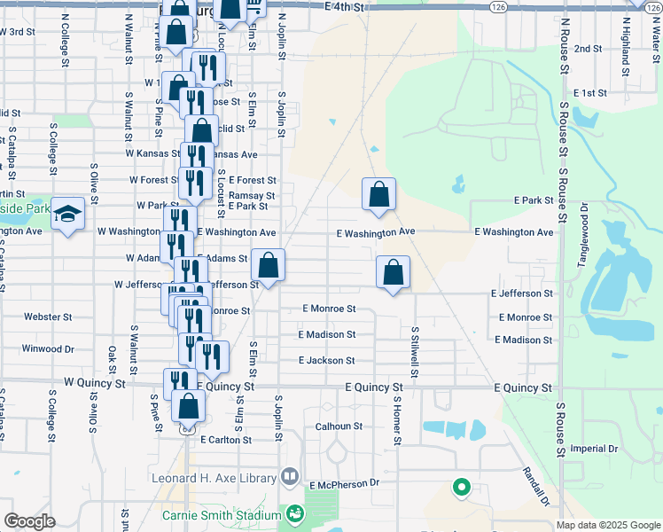 map of restaurants, bars, coffee shops, grocery stores, and more near 502 East Adams Street in Pittsburg