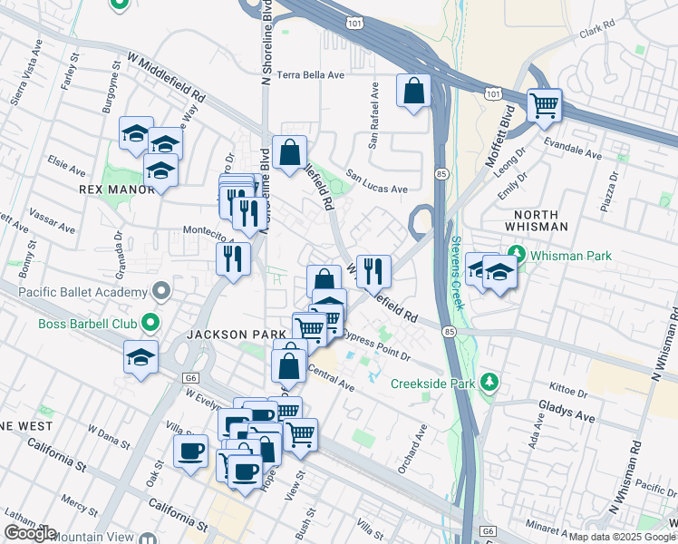 map of restaurants, bars, coffee shops, grocery stores, and more near 751 West Middlefield Road in Mountain View