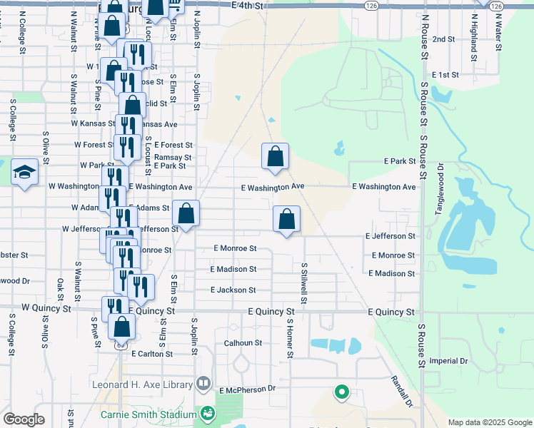 map of restaurants, bars, coffee shops, grocery stores, and more near 522 East Adams Street in Pittsburg