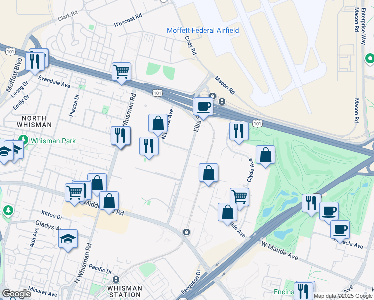 map of restaurants, bars, coffee shops, grocery stores, and more near 499 National Avenue in Mountain View