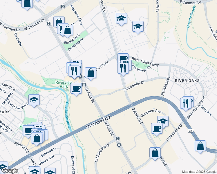 map of restaurants, bars, coffee shops, grocery stores, and more near 101 Innovation Drive in San Jose