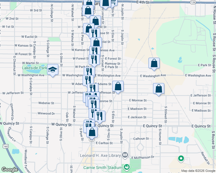 map of restaurants, bars, coffee shops, grocery stores, and more near 210 East Adams Street in Pittsburg