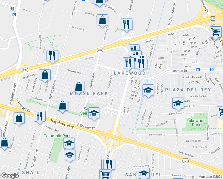map of restaurants, bars, coffee shops, grocery stores, and more near 1090 Munich Terrace in Sunnyvale