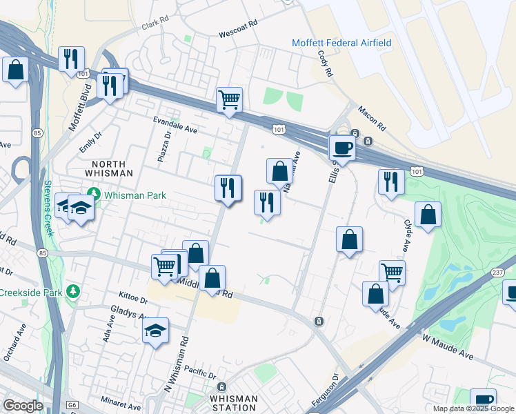map of restaurants, bars, coffee shops, grocery stores, and more near 445 North Whisman Road in Mountain View