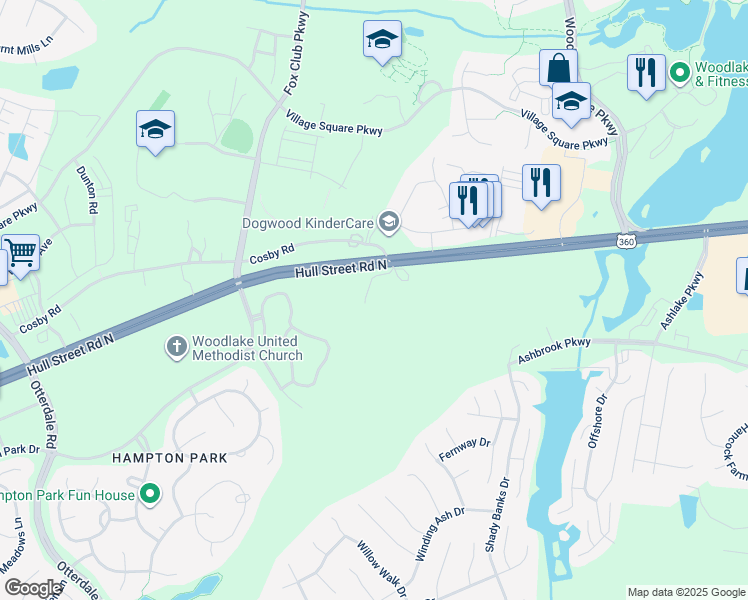 map of restaurants, bars, coffee shops, grocery stores, and more near 15107 Hull Street Road in Chesterfield
