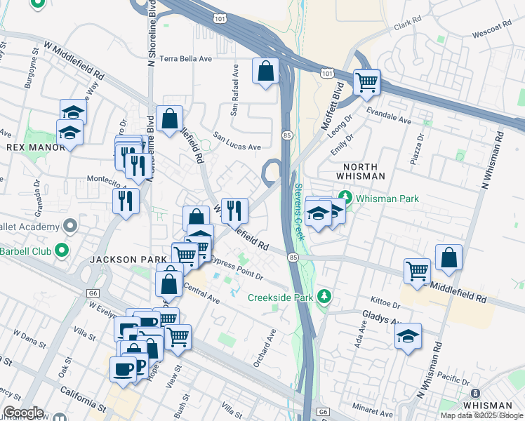 map of restaurants, bars, coffee shops, grocery stores, and more near 500 West Middlefield Road in Mountain View
