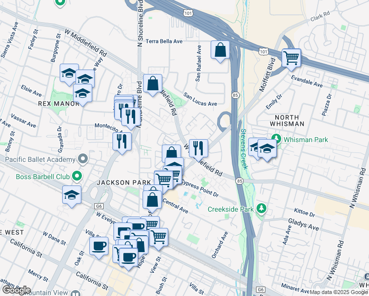 map of restaurants, bars, coffee shops, grocery stores, and more near 751 West Middlefield Road in Mountain View