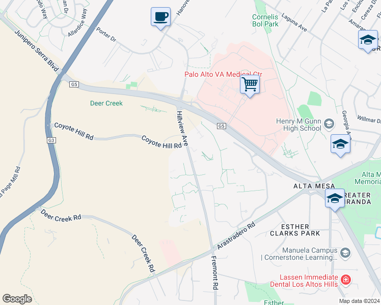 map of restaurants, bars, coffee shops, grocery stores, and more near in Palo Alto