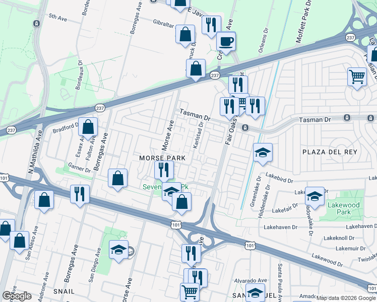 map of restaurants, bars, coffee shops, grocery stores, and more near 401 Kara Terrace in Sunnyvale