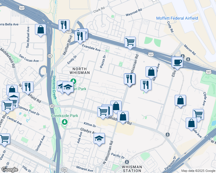 map of restaurants, bars, coffee shops, grocery stores, and more near 204 Athena Court in Mountain View