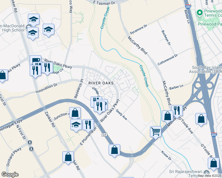 map of restaurants, bars, coffee shops, grocery stores, and more near 410 Milan Drive in San Jose