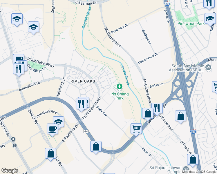 map of restaurants, bars, coffee shops, grocery stores, and more near 670 Encore Way in San Jose