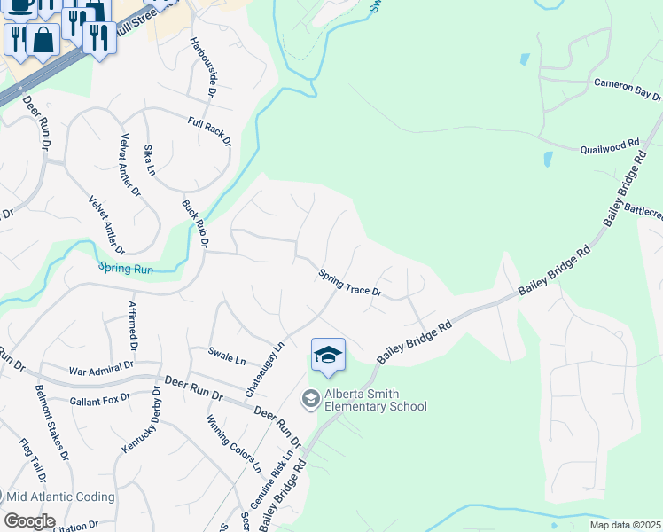 map of restaurants, bars, coffee shops, grocery stores, and more near 7025 Holly Bark Drive in Midlothian