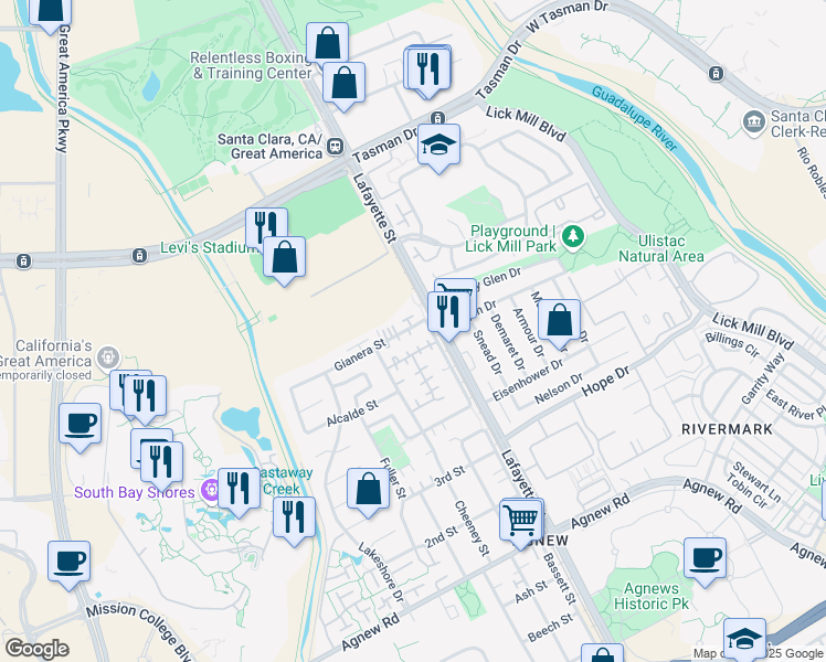 map of restaurants, bars, coffee shops, grocery stores, and more near 2222 Gianera Street in Santa Clara
