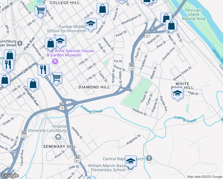 map of restaurants, bars, coffee shops, grocery stores, and more near 1211 Knight Street in Lynchburg