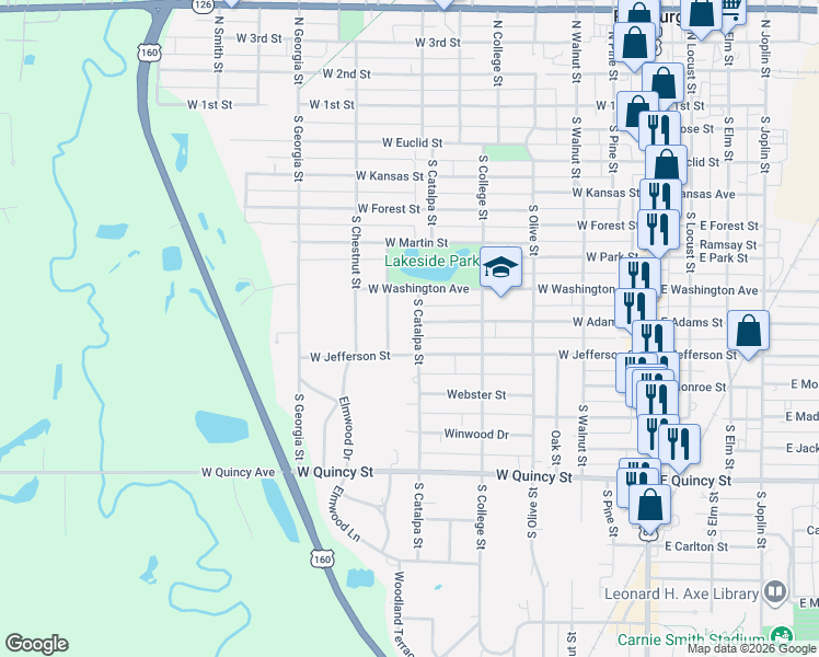 map of restaurants, bars, coffee shops, grocery stores, and more near 710 South Catalpa Street in Pittsburg
