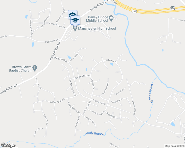 map of restaurants, bars, coffee shops, grocery stores, and more near 8525 Hillcreek Drive in Midlothian