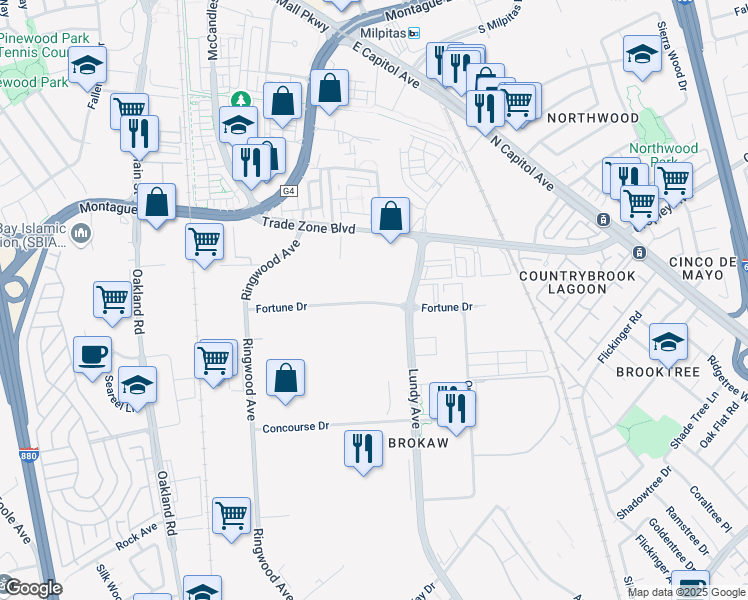 map of restaurants, bars, coffee shops, grocery stores, and more near 2001 Fortune Drive in San Jose