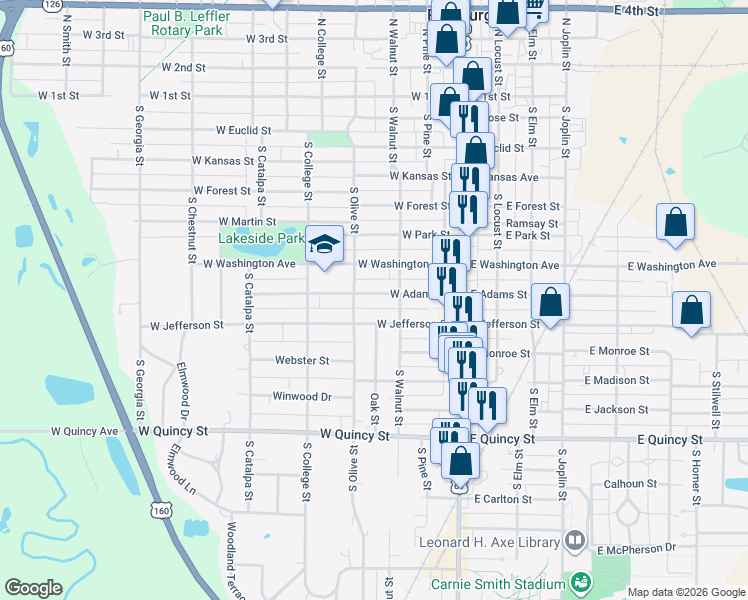 map of restaurants, bars, coffee shops, grocery stores, and more near 215 West Adams Street in Pittsburg