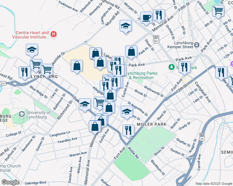 map of restaurants, bars, coffee shops, grocery stores, and more near 2509 Memorial Avenue in Lynchburg