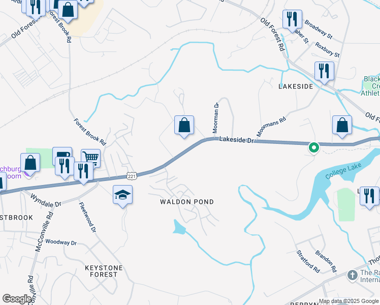 map of restaurants, bars, coffee shops, grocery stores, and more near 2023 Lakeside Drive in Lynchburg