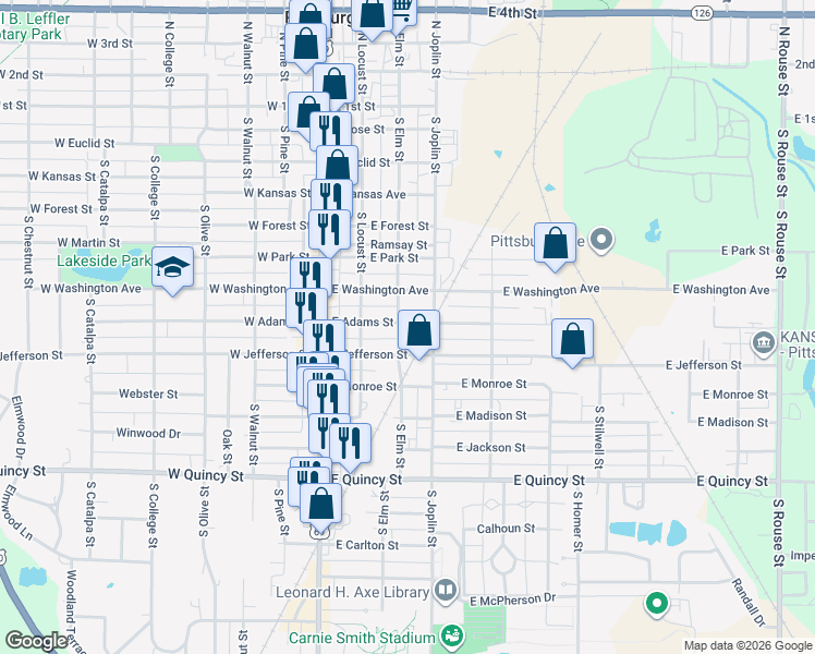 map of restaurants, bars, coffee shops, grocery stores, and more near 306 East Adams Street in Pittsburg