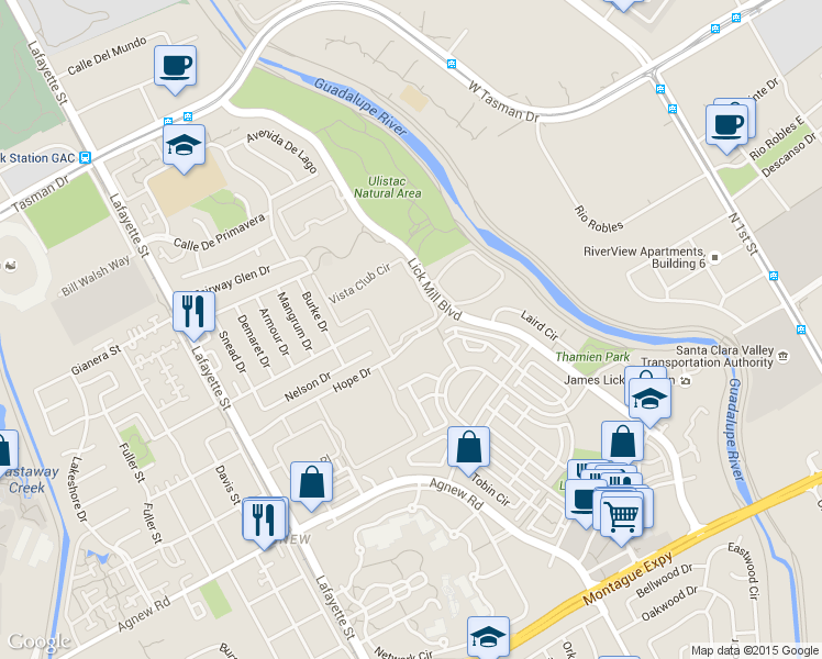 map of restaurants, bars, coffee shops, grocery stores, and more near 1514 Vista Club Circle in Santa Clara