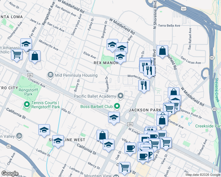 map of restaurants, bars, coffee shops, grocery stores, and more near 423 Lotus Lane in Mountain View