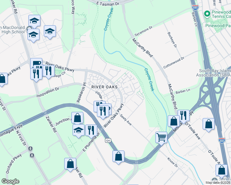 map of restaurants, bars, coffee shops, grocery stores, and more near 430 Navaro Place in San Jose