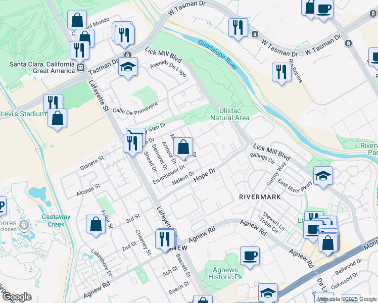 map of restaurants, bars, coffee shops, grocery stores, and more near 4622 Burke Drive in Santa Clara
