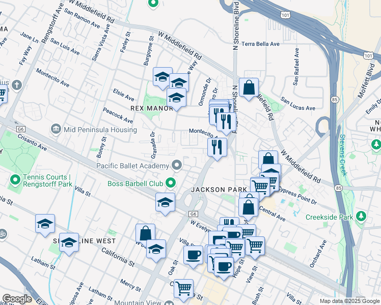 map of restaurants, bars, coffee shops, grocery stores, and more near 444 Mountain Laurel Court in Mountain View