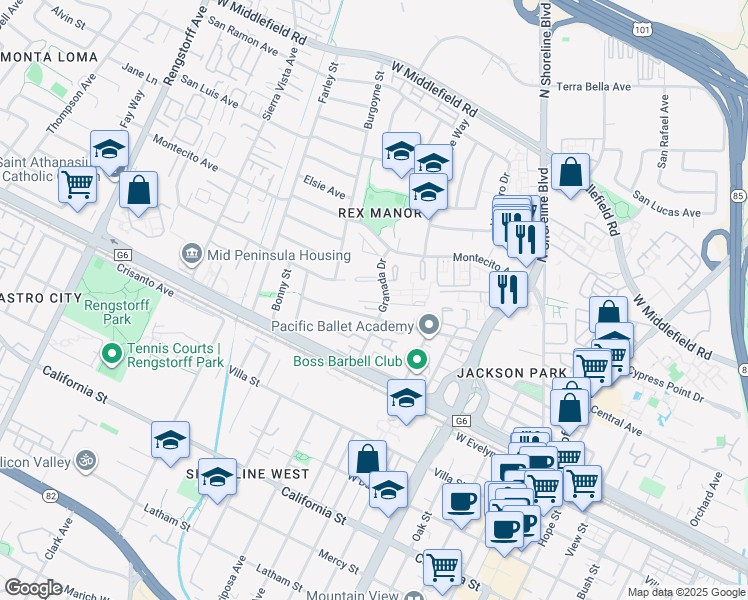 map of restaurants, bars, coffee shops, grocery stores, and more near 423 Lotus Lane in Mountain View