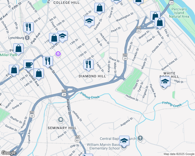 map of restaurants, bars, coffee shops, grocery stores, and more near 1822 Floyd Street in Lynchburg