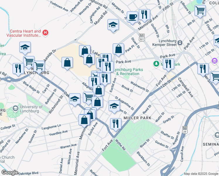 map of restaurants, bars, coffee shops, grocery stores, and more near 312 Euclid Avenue in Lynchburg