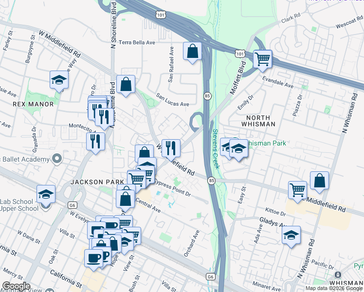 map of restaurants, bars, coffee shops, grocery stores, and more near 500 West Middlefield Road in Mountain View