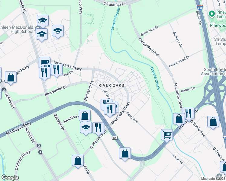 map of restaurants, bars, coffee shops, grocery stores, and more near 430 Navaro Place in San Jose
