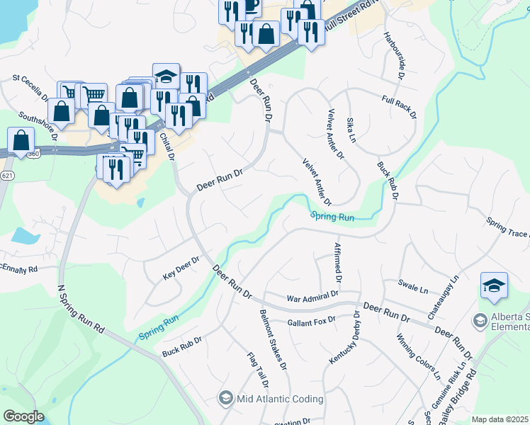 map of restaurants, bars, coffee shops, grocery stores, and more near 7119 Deer Thicket Drive in Midlothian