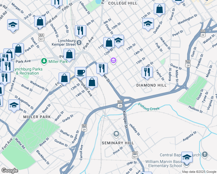 map of restaurants, bars, coffee shops, grocery stores, and more near 1503 Kemper Street in Lynchburg