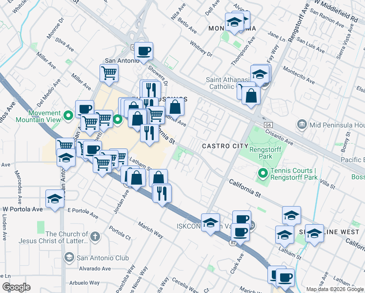 map of restaurants, bars, coffee shops, grocery stores, and more near in Mountain View