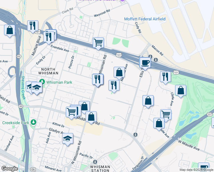 map of restaurants, bars, coffee shops, grocery stores, and more near 445 North Whisman Road in Mountain View