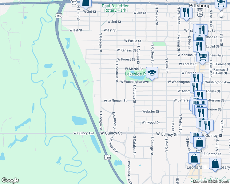 map of restaurants, bars, coffee shops, grocery stores, and more near 719 South Chestnut Street in Pittsburg