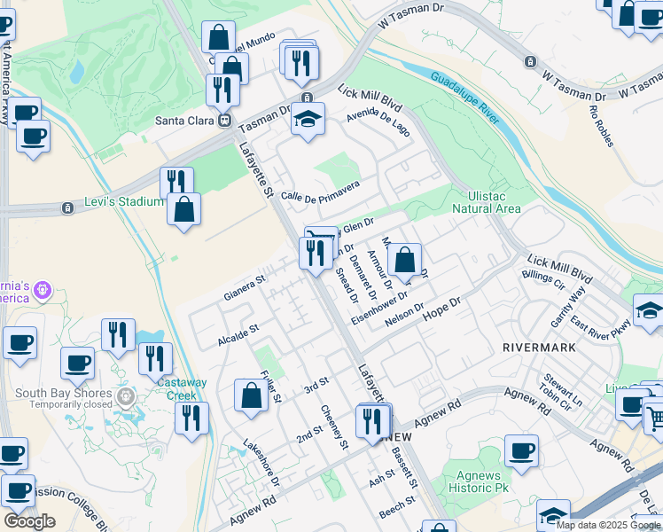 map of restaurants, bars, coffee shops, grocery stores, and more near 4730 Snead Drive in Santa Clara