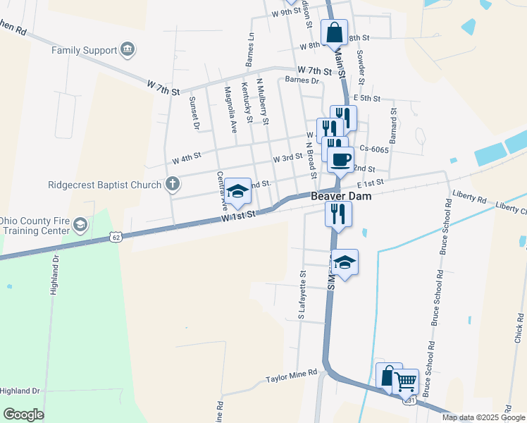 map of restaurants, bars, coffee shops, grocery stores, and more near West 1st Street in Beaver Dam