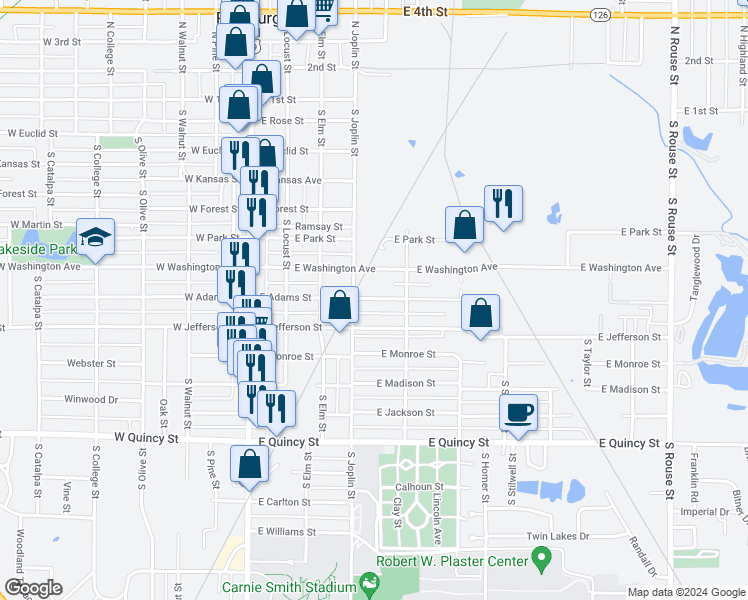 map of restaurants, bars, coffee shops, grocery stores, and more near 404 East Adams Street in Pittsburg