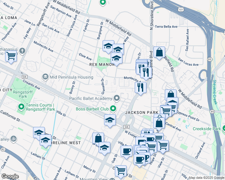 map of restaurants, bars, coffee shops, grocery stores, and more near 1430 Wildrose Way in Mountain View