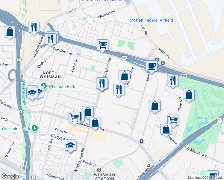 map of restaurants, bars, coffee shops, grocery stores, and more near 465 North Whisman Road in Mountain View